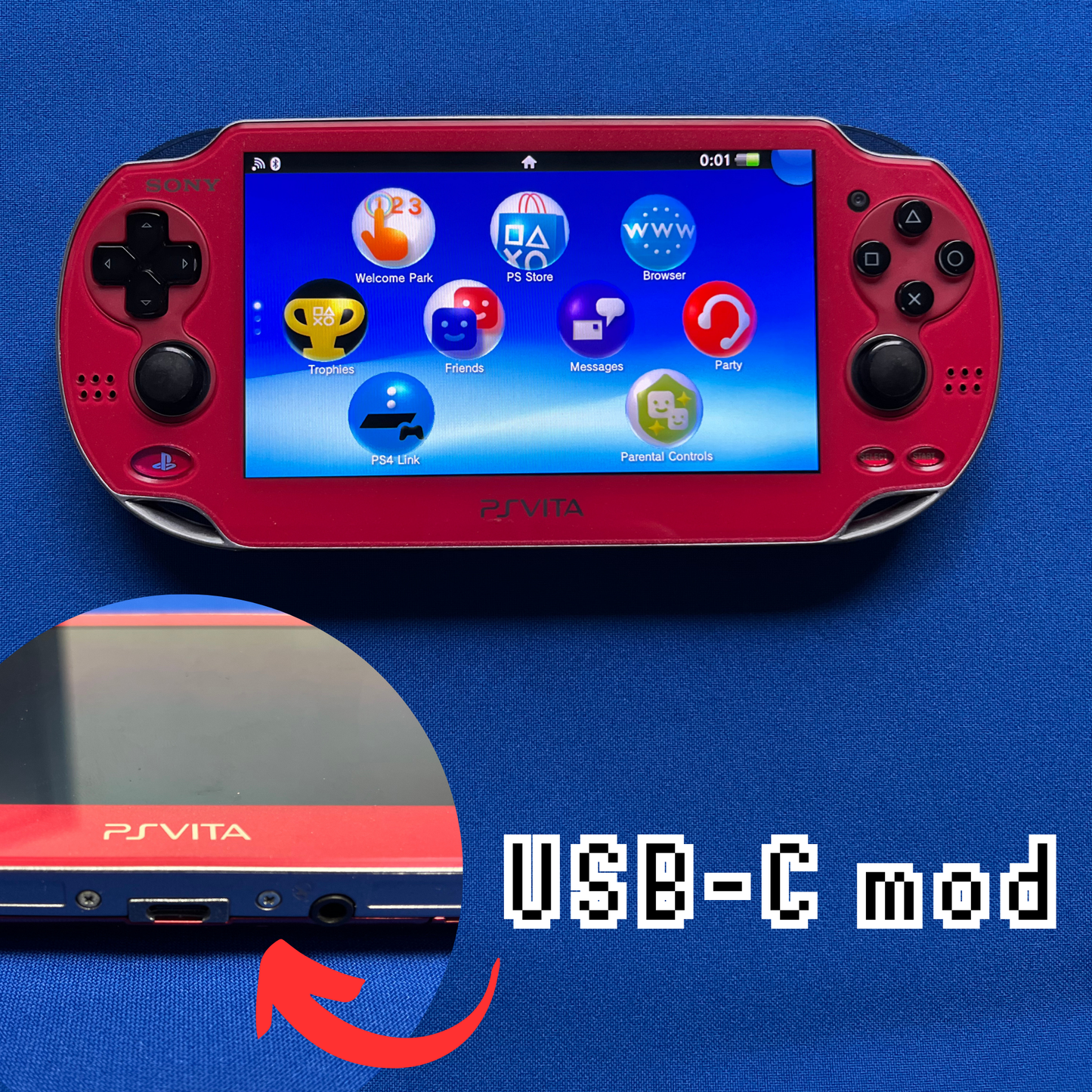 Sony PlayStation Vita 1000 (OLED) Radient Red s USB-C modem